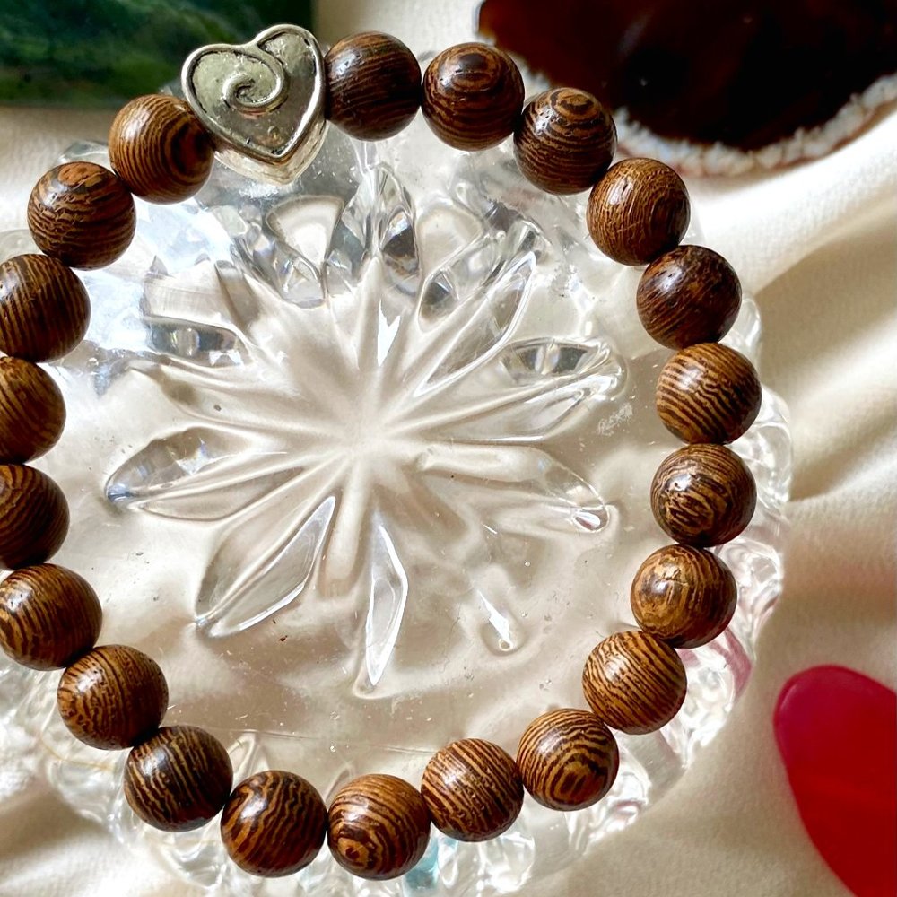 Real Wood precious stones with a silver in color HEART Bracelet